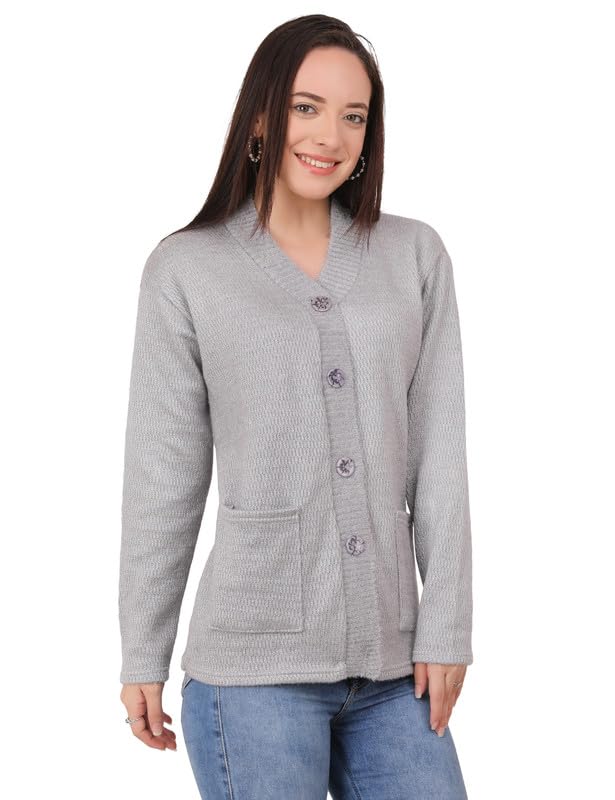 Image of MANRA Women's Woolen V-Neck Buttoned Full Sleeve Cardigan Self Design Soft Wool Fabric Winter Wear Pure Wool Sweater Fully Warm, Front Pockets Cardigan