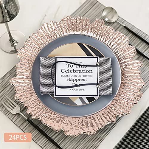 24 platos cargadores plásticos 13 in coral reef oro rosa miniatura 7