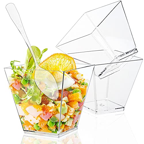 50 Pack 3.5 Oz Mini Square Dessert Cups with Spoons Plastic Parfait Appetizer Cup Disposable Plastic Cups for Puddings Mousse Desserts