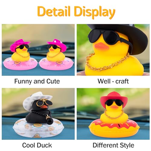 Image of wonuu Car Rubber Duck, Yellow Duck Decoration Dashboard with Sun Hat Swim Ring Necklace Sunglasses for Car Dashboard Decorations, Black Spots Pink Cowboy Hat-Pink