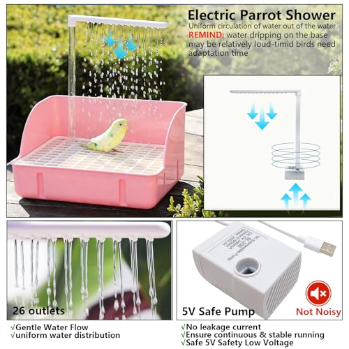 Image of kathson Parrot Bathtub, Automatic Bird Bath Indoor,Parakeet Shower Fountain,Parrot Bath Tub for Pet Birds, Cockatiel, Conure, Budgie, Lovebird, African Grey, Finches (Pink)