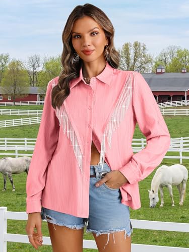 Image of MYMORE Womens Sparkly Fringe Shirt Western Cowgirl Country Concert Outfit