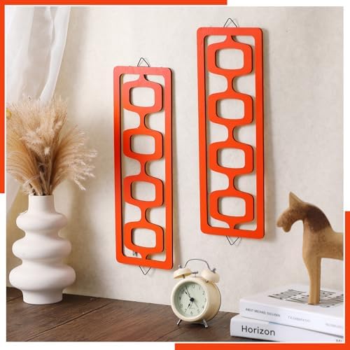 CroBlissful 2 Pcs Mid Century Wall Decor Wood Mid Century Modern Elegance Wall Accents Abstract Wall Decor Geometric Panels for Interior Wall Decor Panel Wall Art for Home Living Room (Orange) 2