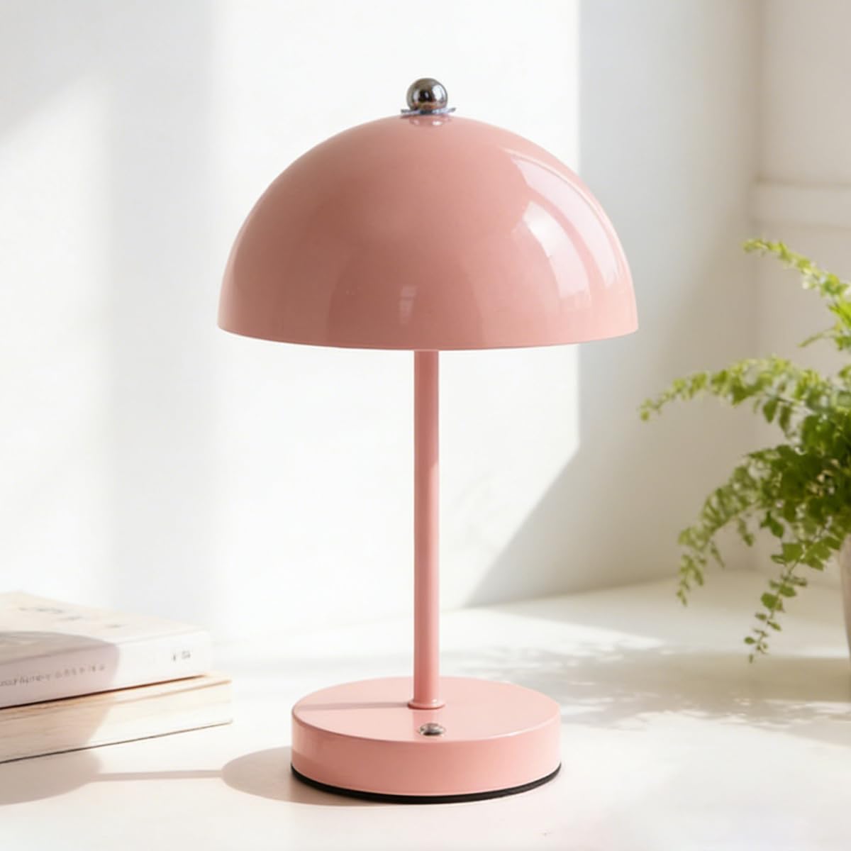 OOWOKS Wireless Table Lamp with Mushroom-Shaped Touch Control, Rechargeable, 3 Colour Temperatures, Dimmable LED Bedside Lamp with 1800mAh Battery, Colourful Macaron-Style Decorative Table Light,Pink