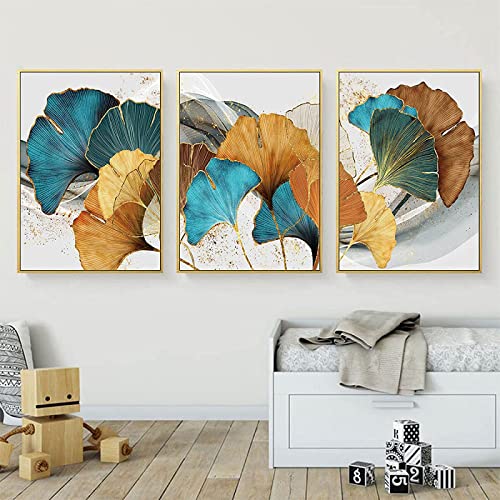 Feuille vegetale abstrait toile tableau deco triptyque or