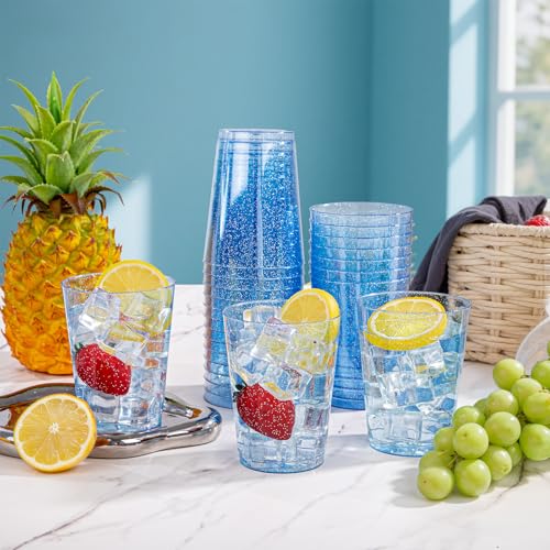Image of DaYammi 100 Pack Blue Plastic Cups 10 oz Disposable Cups Tumblers, Elegant Blue Glitter Party Drinking Cup Perfect for Wedding, Fancy Disposable Cup Plastic Cocktail Glasses Wine Glasses for Party