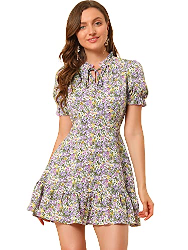 Image of Allegra K Womens Floral Chiffon Mini Dress Ruffle Hem Puff Short Sleeve