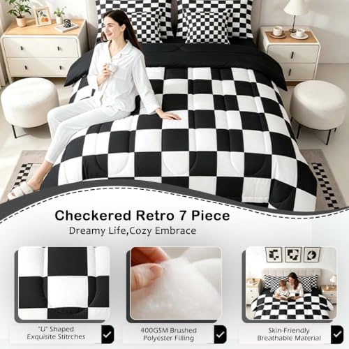 Image of Feelyou Checkered Retro 7 Piece Bedding Set Teen Women Men Black White Plaid Comforter Set with Sheets Twin Size Kids Boys Geometric Vintage Bed in a Bag Modern Simple Groovy Aesthetic Room Decor