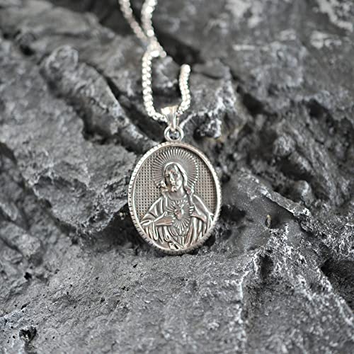 NIGHTCRUZ Sacred Heart of Jesus Necklace, Oval Religious Medal Medallion Stainless Steel for Men Women2