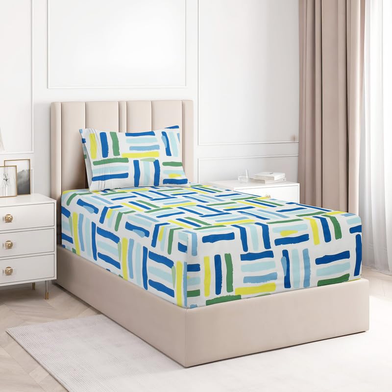 BSB HOME Glace Cotton 220 Tc Flat Single Bedsheets For Summer Breathable|Wrinklefree (Size-152 X 228 Cm) With 1 Pillow Covers (Size-17 X 27 Inches, Floral Printblue White & Green)