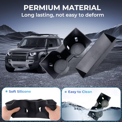 Image of Cup Holder Insert & Wireless Charging Protective Mat for Land Rover Defender 90 /110 /130 2026 2025, Interior Accessories Car Cup Holder & Wireless Charger Cover Pad for 2025-2026 Defender, Black