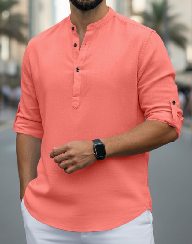 Image of Men Cotton Blend Mandarin Collar Casual Kurta Shirt | Roll-Up Sleeves | Regular Fit Ethnic Short Kurta for Daily