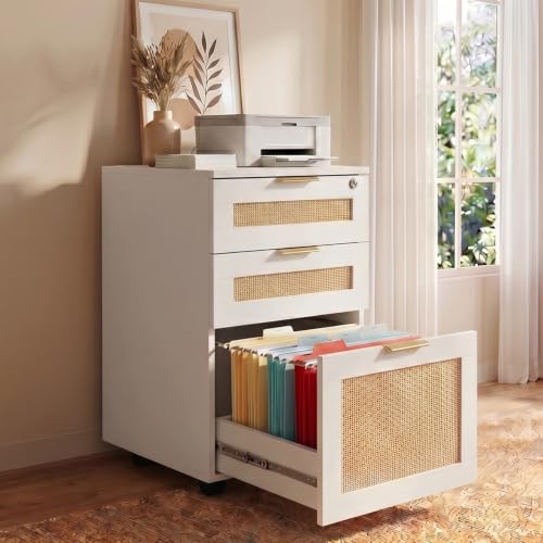 HOPUBUY 3 Drawer File Cabinet with Lock, Small Rattan