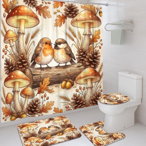 Ensemble rideau de douche oiseaux automne et tapis de bain assorti