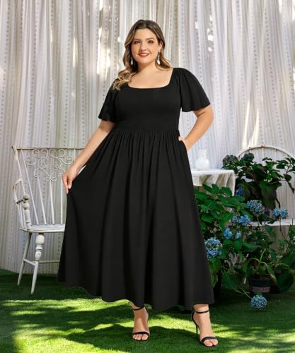 Image of RITERA Plus Size Dresses for Curvy Women Square Neck Short Sleeve Summer Floral Smocked Maxi Dress with Pocket XL-5XL
