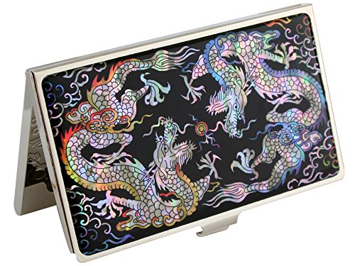 2024 Chinese Lunar New Year Zodiac Blue Dragon Mother of Pearl Design RFID Blocking Protection Business Card Case, Credit Card Holder, Metal Name Card Case Slim Purse Pocket Cash Money Wallet