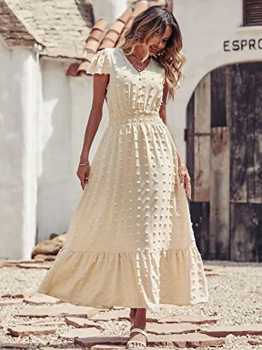 Image of PRETTYGARDEN Womens Dresses 2026 Summer Maxi Dress Boho Short Sleeve V Neck Swiss Dot Ruffle Tiered Smocked Flowy Long Dress