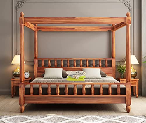 Image of Sheesham Solid Wood Allure Poster Bed Wooden Double Bed Cot Bed Furniture for Bedroom Home and Hotel (Honey Colour, King)