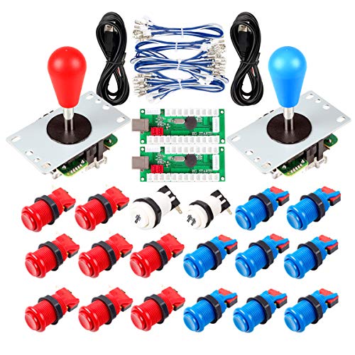 Avisiri 2 Player Arcade Joystick DIY Parts 2X USB Encoder + 2X Elliptical Joystick Hanlde + 18x American Style Arcade Buttons for PC, MAME, Raspberry Pi, Windows (Red & Blue)