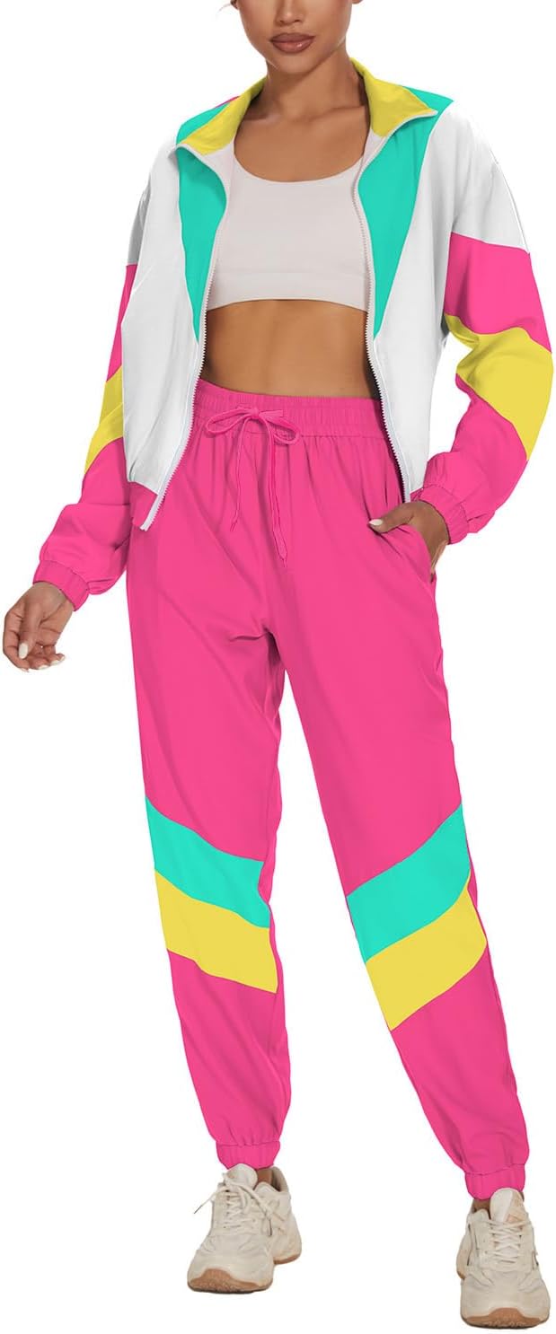 UOUA Women's Color Block 2 Piece 80s 90s Outfits Long Sleeve Windbreaker Jacket Tracksuit Set