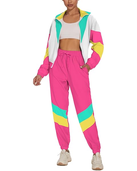 UOUA Women's Color Block 2 Piece 80s 90s Outfits Long Sleeve Windbreaker Jacket Tracksuit Set
