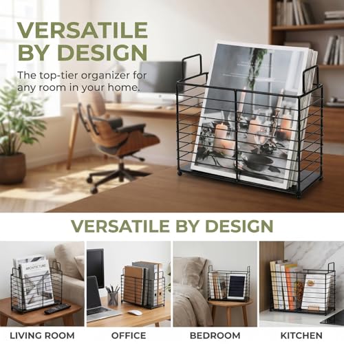 Noamus Metal Magazine Rack, Newspaper Book Tablet Storage Basket, File Holder Mail Organizer Bin with Handles, Iron Wire Black Folder Stand Holder for Home Office Bathroom Bedroom Den Living Room - Image 5