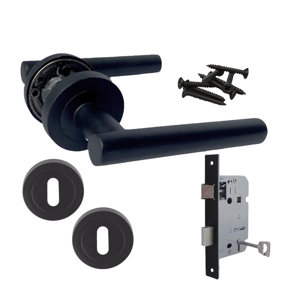 Epsom Door Handle Black Lock Pack – Matt Door Handle On Rose With Euro Sash Lock & Escutcheon | Secure 123Mm Lever Handle Set
