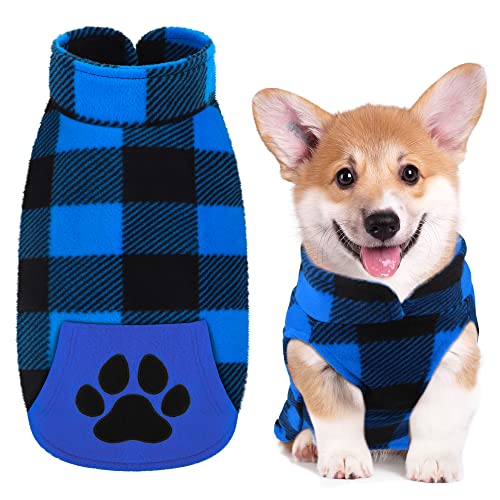 Pedgot Chaleco de forro polar a cuadros azul y negro con bolsillo de huellas de patas, camisa cálida para perro, suéter para mascotas, chaqueta para otoño, invierno, Navidad (mediano) Cover