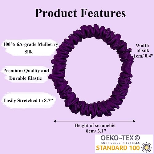 Image of VLOMOT 6 Pcs Set 100% Pure Mulberry Silk Hair Scrunchies - 6 Chic Colors Everyday Skinny Scrunchies Silk Ponytail Holders - No Damage (Purple)