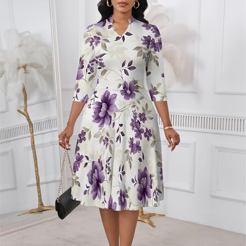 Image of PinkPatty Women's Casual A-line Midi Dresses 3 /4 Sleeve V Neck Fit and Flare Dress with Pockets