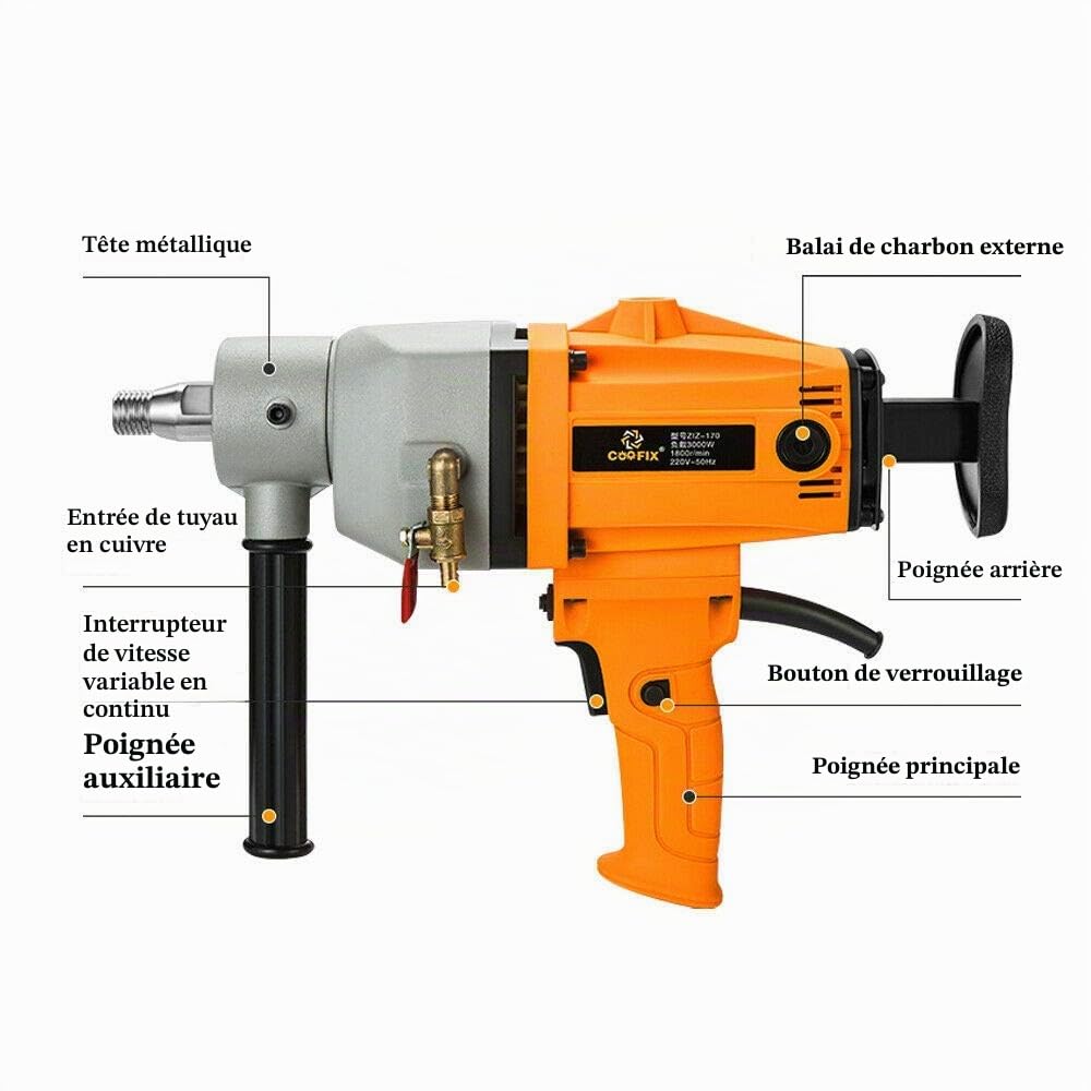 Fayelong Perceuse à noyau diamantée 7,1" 180 mm pour perçage béton diamanté 3000 W 220 V