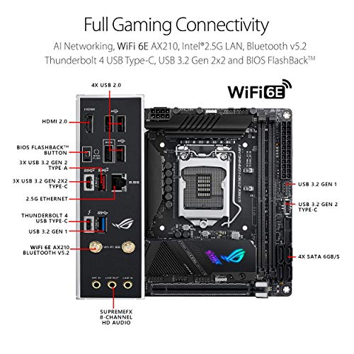 Placa mãe ROG Strix Z590-I Gaming WiFi 6E LGA 1200 (Intel® 11th/10th Gen) mini-ITX para jogos (PCIe 4.0, 8+2 estágios de energia, Thunderbolt 4 Onboard, LAN 2,5 Gb, USB 3.2 Gen 2 painel glide