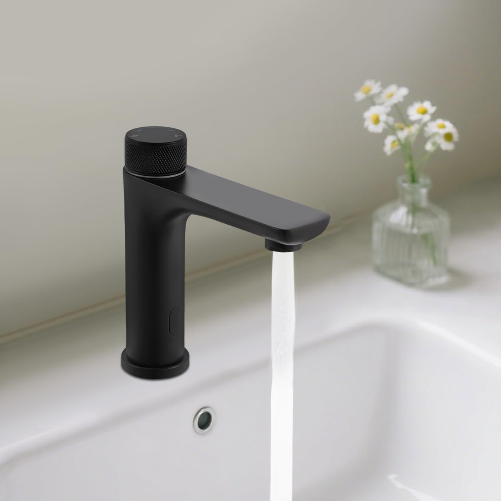 Grifo infrarrojo para baño con sensor, sin contacto, monomando para lavabo, grifo automático de lavabo de acero inoxidable para baño (negro)