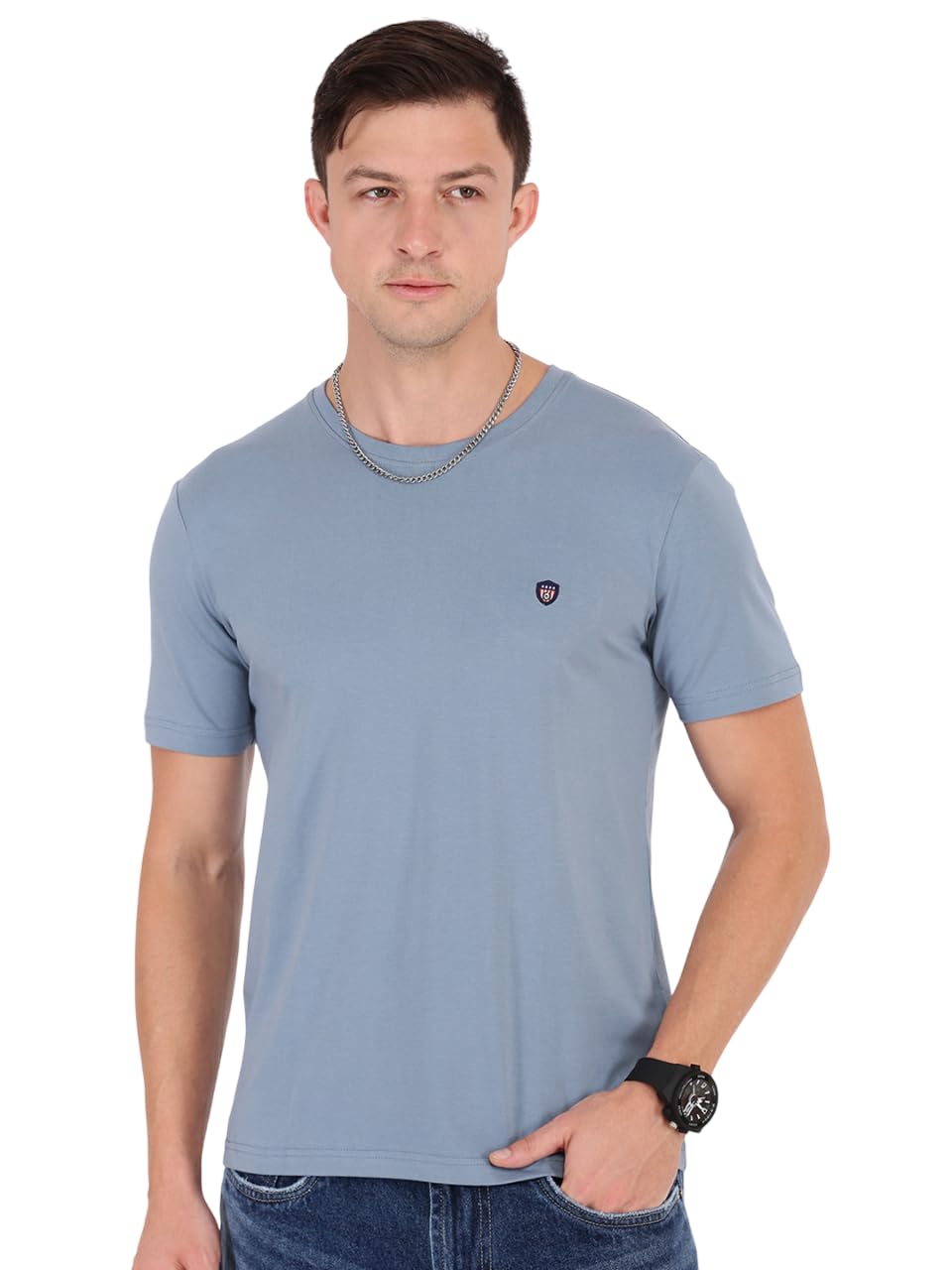Macroman M-Series Smartz Basics Half Sleeve Round Neck Stretch T-Shirt for Men, Cotton Blend, Sea Blue, Size: S (Pack of