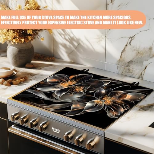 Image of 28 inchx20 inch Anti-Slip Electric Stove Top Cover Black flowers Foldable Heat-Resistant Glass Stove Top Cover Protector, Multi-Scenario Use Dish Drying Mat