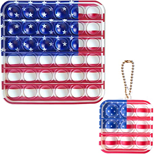 2 Pack Push Pop Bubble Sensory Fidget Toy Set, Silicone Stress Reliever Popper Figetget Toys + Mini Pop Keychain Its Anti-Anxiety Relief for Kids Adult Teens July 4th American Flag ( Square + Square )