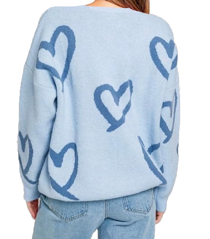 Image of Women Heart Print Knit Pullover Sweater Long Sleeve Round Neck Love Pattern Sweaters Trendy Valentine Knitted Sweater