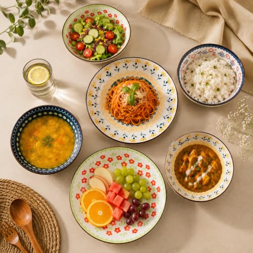 Image of 6-Piece Ceramic Dinner Set, 2 Plates & 4 Bowls, Microwave Safe, Dishwasher Safe, Floral Dinnerware (Bohemian Garden Collection, 2 Plate & 4 Bowl Set)