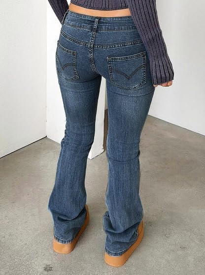 Women's Stretch Low Rise Double Button Elastic Skinny Vintage Flare Jeans - Image 3