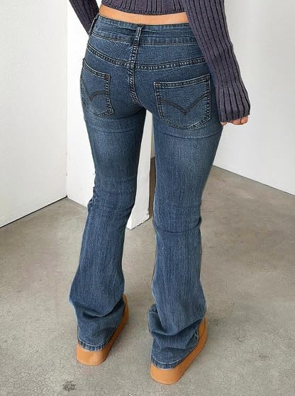 Image of Women's Stretch Low Rise Double Button Elastic Skinny Vintage Flare Jeans