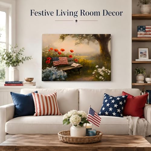 Image of RIBNTAK Made in USA Farmhouse Floral 4th of July Canvas Prints- Vibrant Bench in Peaceful Garden Landscape Wall Art, Memorial Day Pictures for Living Room, Bathroom, or Office Wall Decor