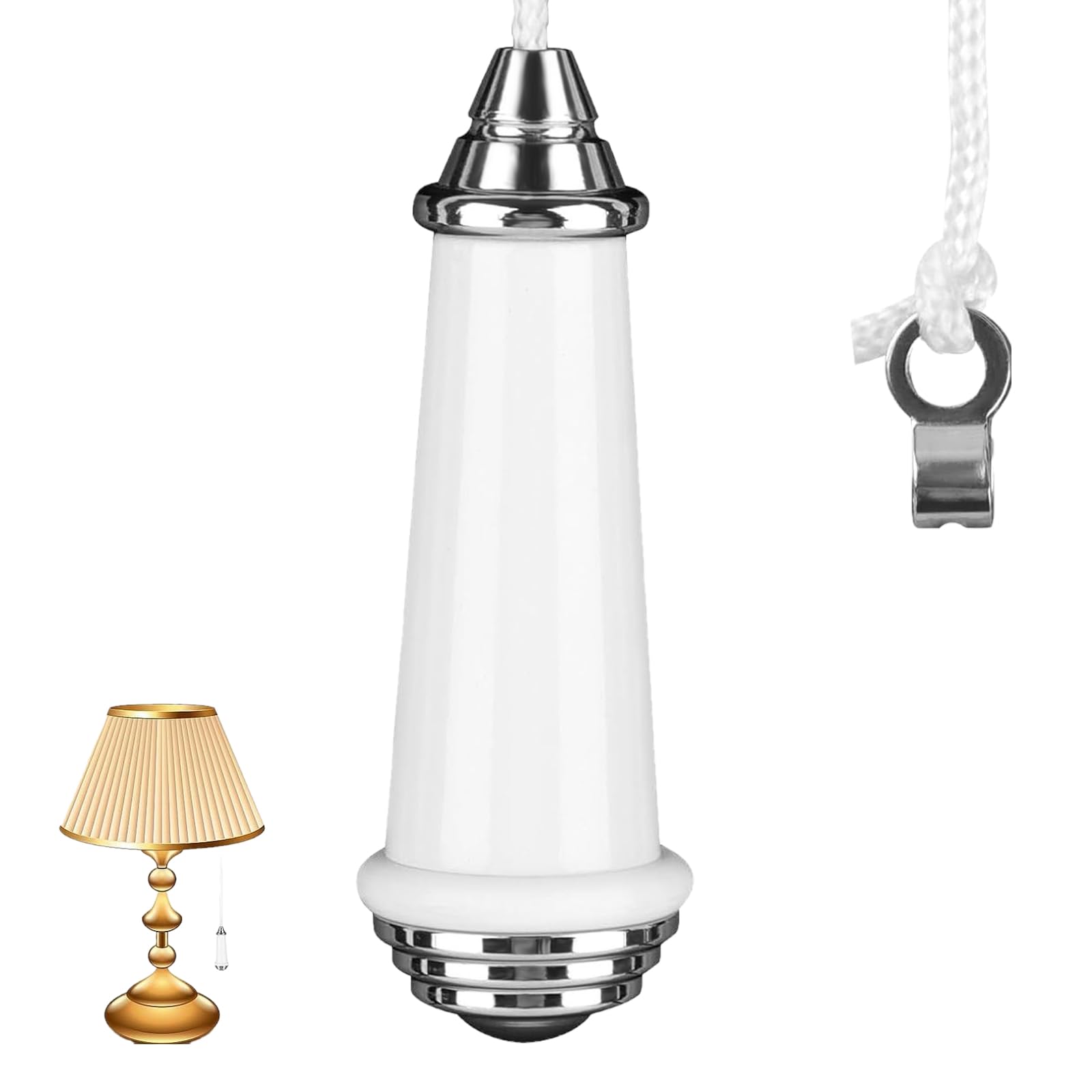 Qwrqwr Light Pull Cord Switch for Bathroom Bedroom Classic Ceramic Chrome Handle with 150cm Nylon String Extension Durable Replacement for Ceiling Lights Fans and Toilet Switches (White)