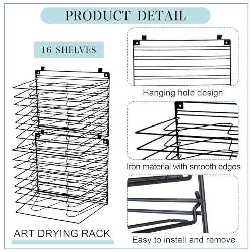 Image of Yaocom 2 Pcs Art Drying Rack for Classroom with 16 Removable Shelves, No Drill Hanging Wall Mount Paint Drying Storage Rack for First to School Classroom Preschool Art Studios