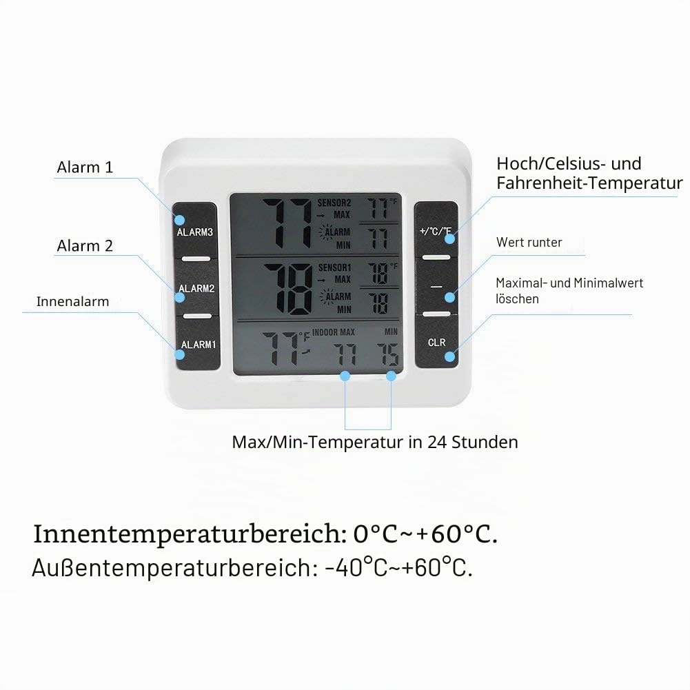 Wlan Thermometer, Kühlschrank Alarm Drahtloses digitales akustisches Alarmkühlschrankthermometer Kuhlschrankthermometer mit 2PCS-Sensor-Min/Max-Anzeige