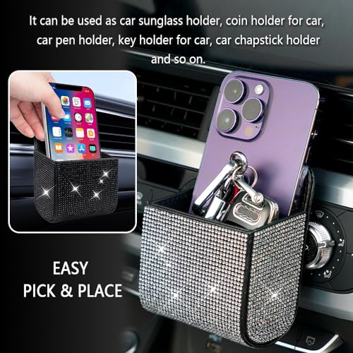 Image of Salior Car Vent Storage Organizer,Bling Car Accessories for Women or Man,Rhinestone Car Vent Leather Pocket,Multipurpose Car Storage /Car Sunglass Holder /Car Coin Holder for Car (Black)