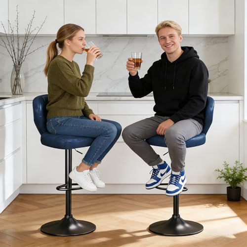 Image of Modern Bar Stools Set of 2, Adjustable Swivel Upholstered Full-Back Counter Height Bar Chairs for Kitchen Island, Dining Room, Bar Blue