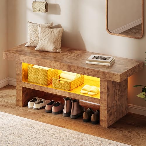 DWVO 39.4' Entryway Bench with Motion-Sensing Warm LED Light, 2-Tier Rustic Thick Wood Shoe Storage Bench for Hallway Bedroom Dressing Room or End of Bed, Burl Wood Finish