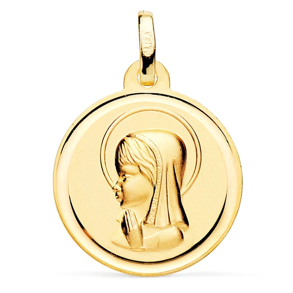 Medalla oro 18k Virgen Niña 18mm. relieve lisa detalle cerco redonda
