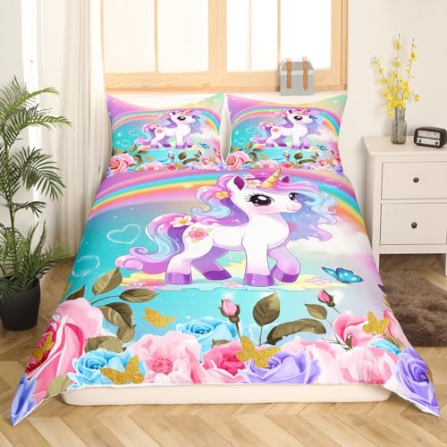 Housse de couette mignonne licorne arc-en-ciel, cadeau d'anniversaire idéal pour lit de fille - 3