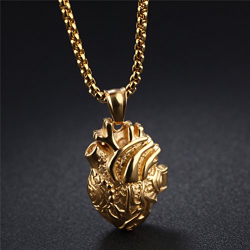 PAURO Men's Stainless Steel Anatomical Heart Pendant Necklace Black/Gold/Silver, Locket Style2